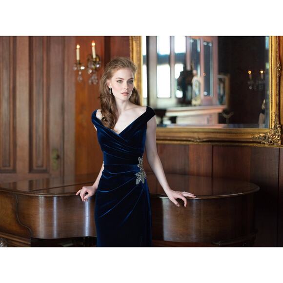 Alex Evenings Off the Shoulder Velvet Gown Sweetheart Neckline Imperial Blue 10 - Picture 3 of 13